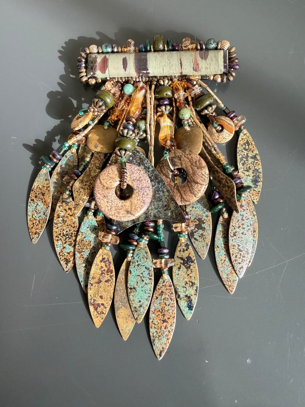 Vintage Signed Chipita Brooch Joan Eagle Patina Copper Leaf Jasper Dangle Pin